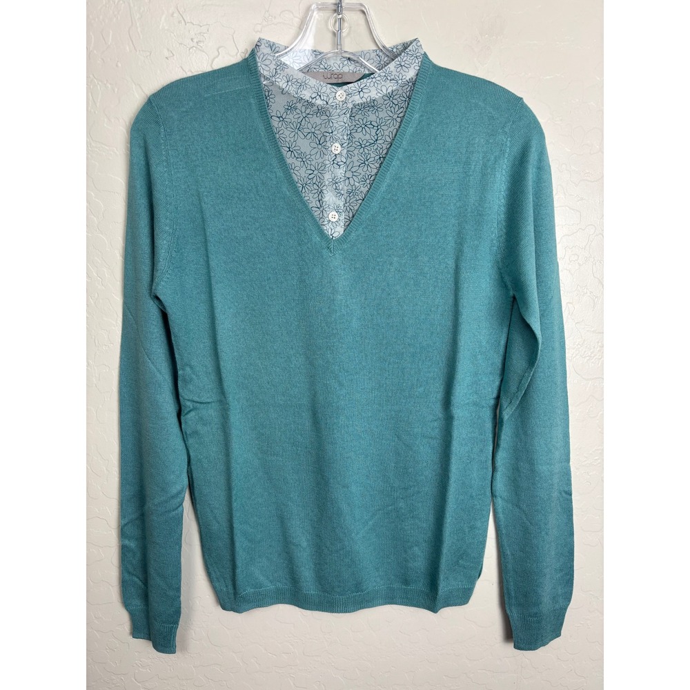 NEW Wrap London Silk Cashmere Layered Sweater Teal Floral Blue Size 6 2342